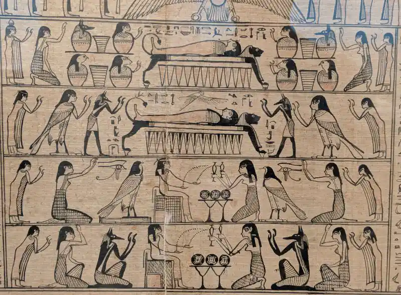 The visualization of the resurrection of Osiris and the divine mourning ritual carried out by Isis, Nephthys, and Anubi.
